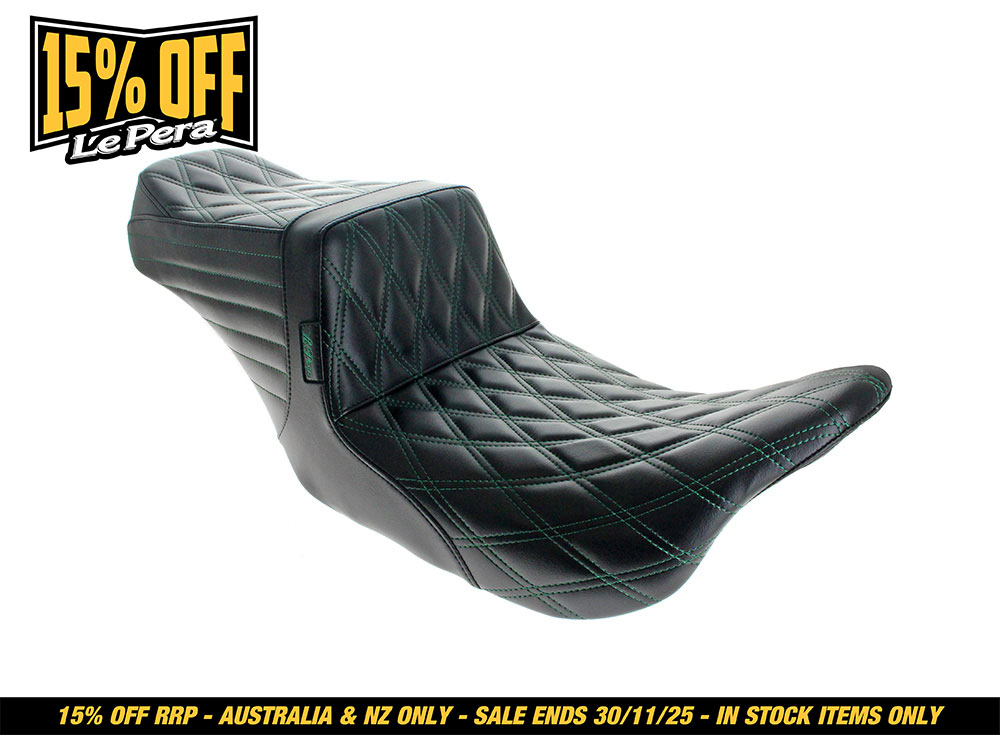 LEPERA SEATS TailWhip Dual Seat with Green Double Diamond Stitch. Fits Most Touring 2008-2024