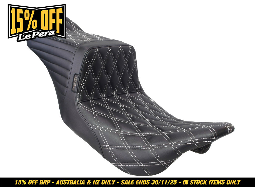 LEPERA SEATS TailWhip Dual Seat with White Double Diamond Stitch. Fits Most Touring 2008-2024