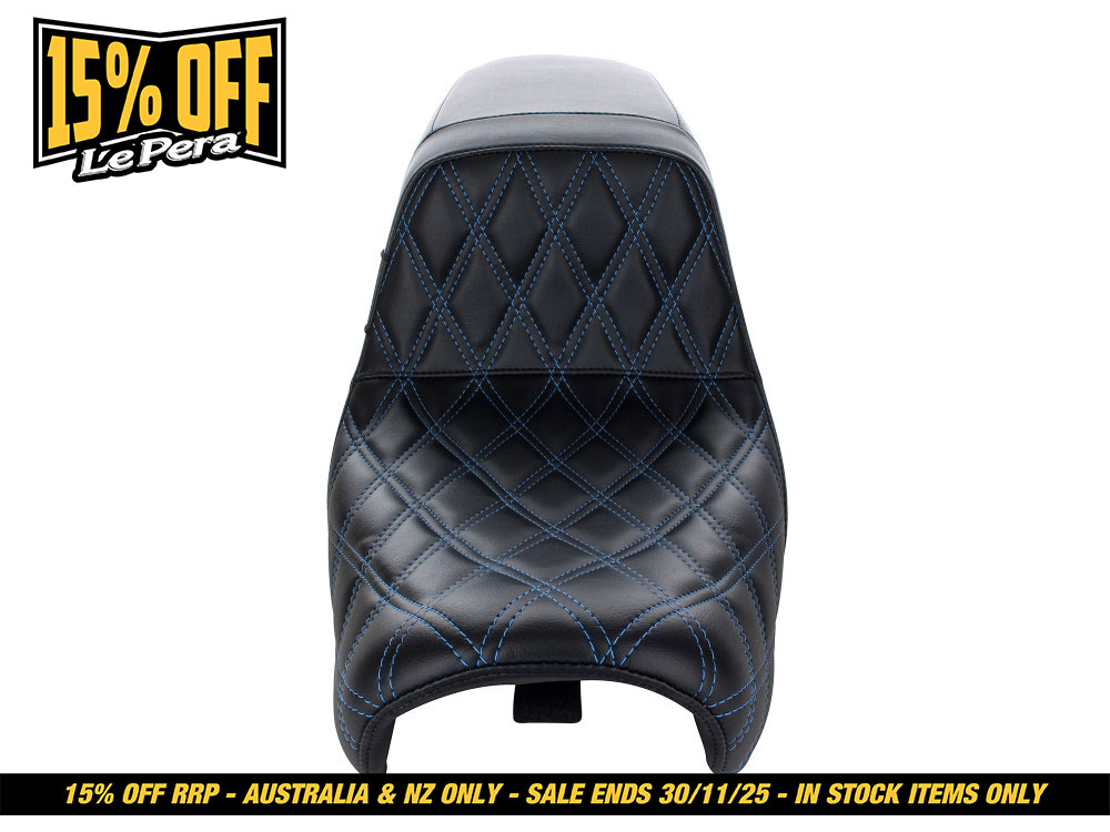 LEPERA SEATS Kickflip Dual Seat with Blue Double Diamond Stitch. Fits Dyna 2006-2017.