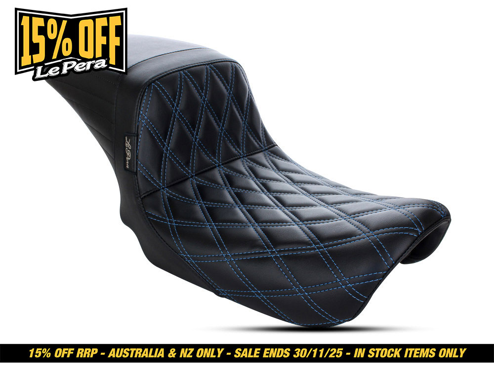 LEPERA SEATS Kickflip Dual Seat with Blue Double Diamond Stitch. Fits Dyna 2006-2017.