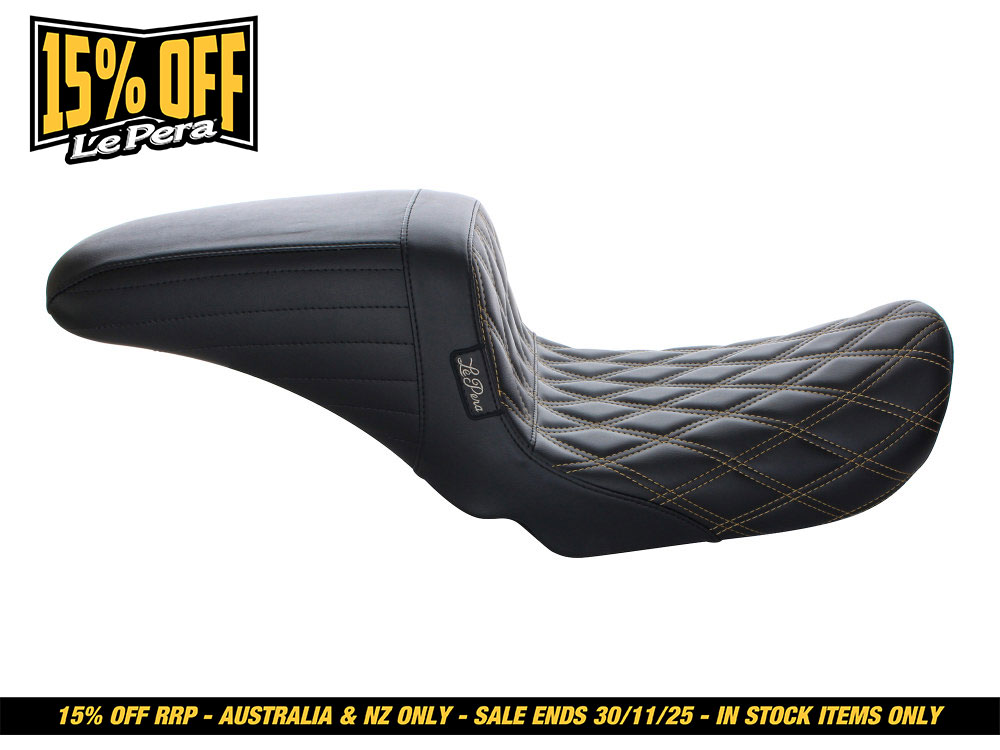 LEPERA SEATS Kickflip Dual Seat with Gold Double Diamond Stitch. Fits Dyna 2006-2017.