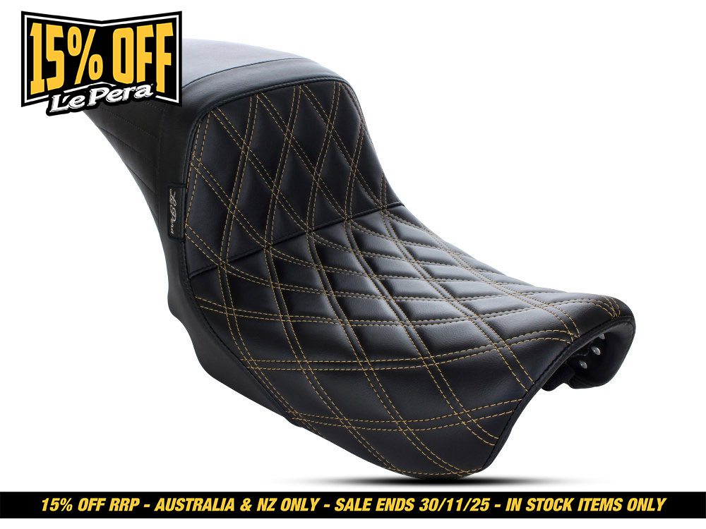 LEPERA SEATS Kickflip Dual Seat with Gold Double Diamond Stitch. Fits Dyna 2006-2017.