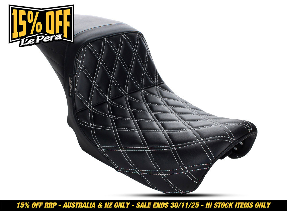 LEPERA SEATS Kickflip Dual Seat with White Double Diamond Stitch. Fits Dyna 2006-2017.
