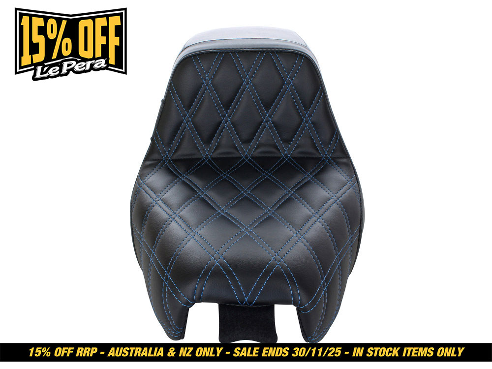 LEPERA SEATS Kickflip Dual Seat with Blue Double Diamond Stitch. Fits Sportster 2004-2006 & Sportster 2010-2021 Models with either 3.3 or 4.5 Gallon Tank.