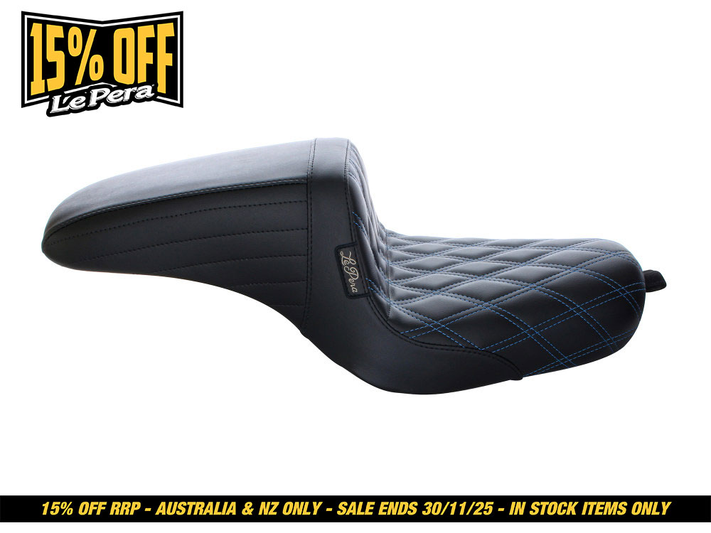 LEPERA SEATS Kickflip Dual Seat with Blue Double Diamond Stitch. Fits Sportster 2004-2006 & Sportster 2010-2021 Models with either 3.3 or 4.5 Gallon Tank.