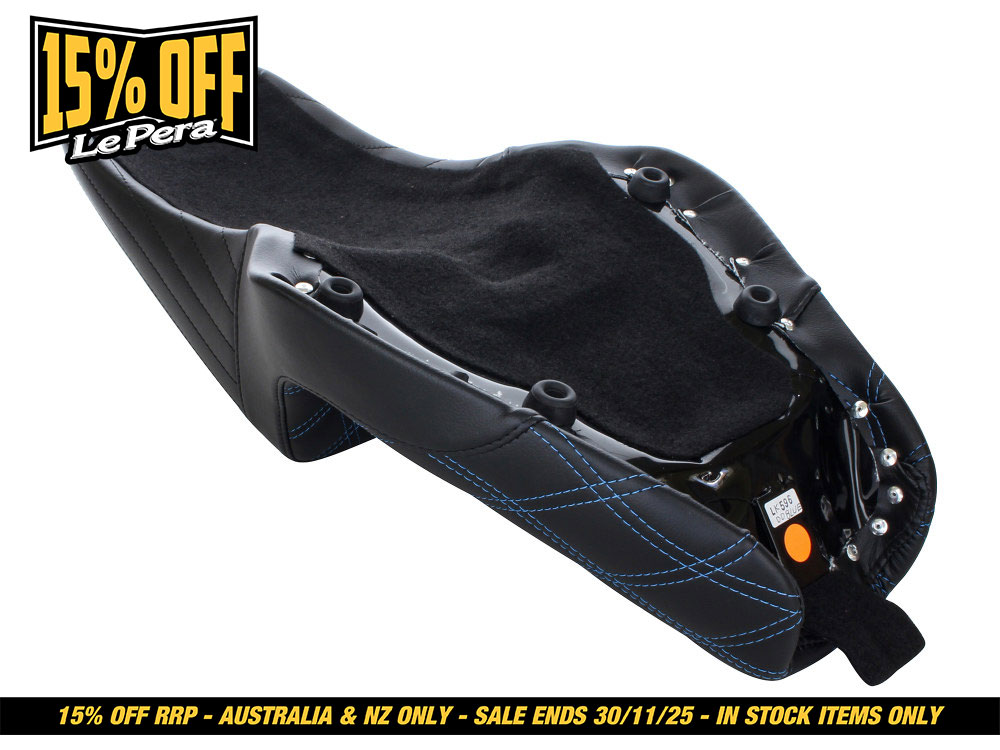 LEPERA SEATS Kickflip Dual Seat with Blue Double Diamond Stitch. Fits Sportster 2004-2006 & Sportster 2010-2021 Models with either 3.3 or 4.5 Gallon Tank.