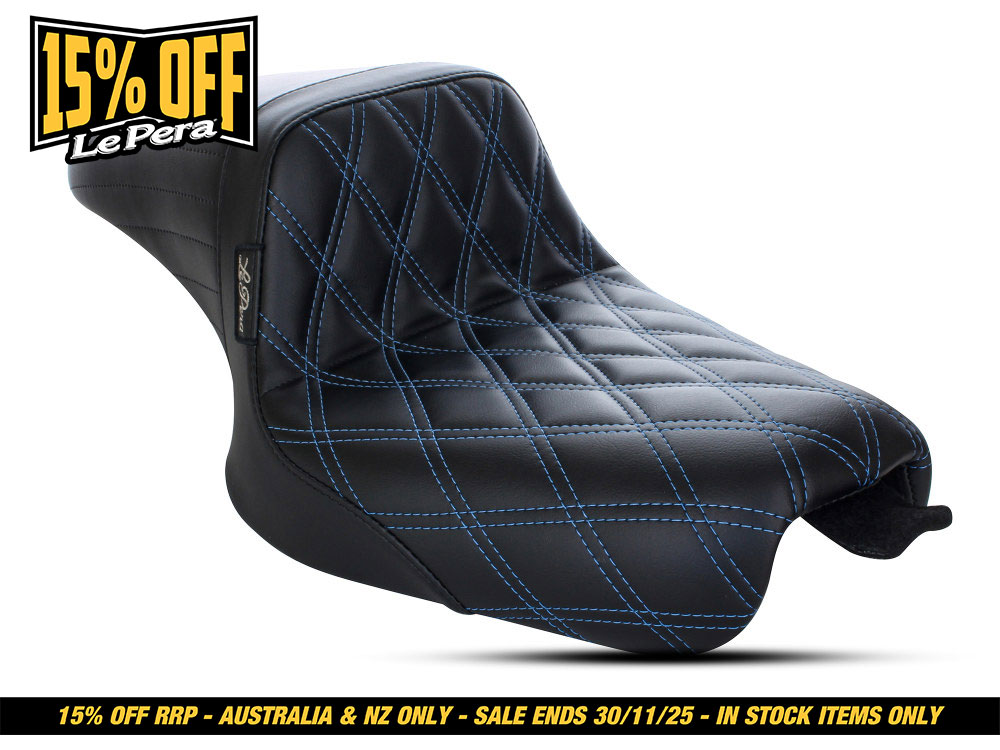 LEPERA SEATS Kickflip Dual Seat with Blue Double Diamond Stitch. Fits Sportster 2004-2006 & Sportster 2010-2021 Models with either 3.3 or 4.5 Gallon Tank.