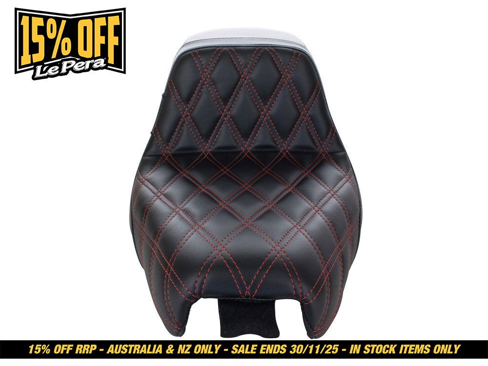 LEPERA SEATS Kickflip Dual Seat with Red Double Diamond Stitch. Fits Sportster 2004-2006 & Sportster 2010-2021 Models with either 3.3 or 4.5 Gallon Tank.