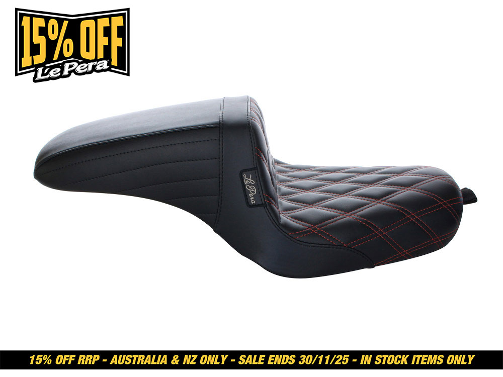 LEPERA SEATS Kickflip Dual Seat with Red Double Diamond Stitch. Fits Sportster 2004-2006 & Sportster 2010-2021 Models with either 3.3 or 4.5 Gallon Tank.