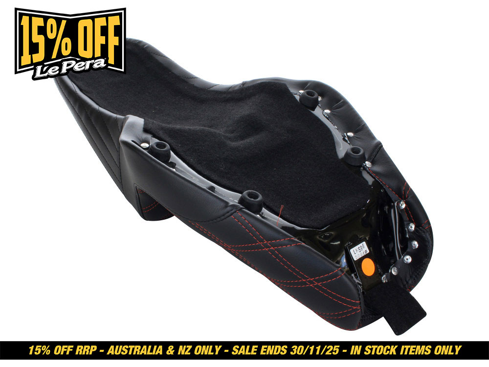 LEPERA SEATS Kickflip Dual Seat with Red Double Diamond Stitch. Fits Sportster 2004-2006 & Sportster 2010-2021 Models with either 3.3 or 4.5 Gallon Tank.