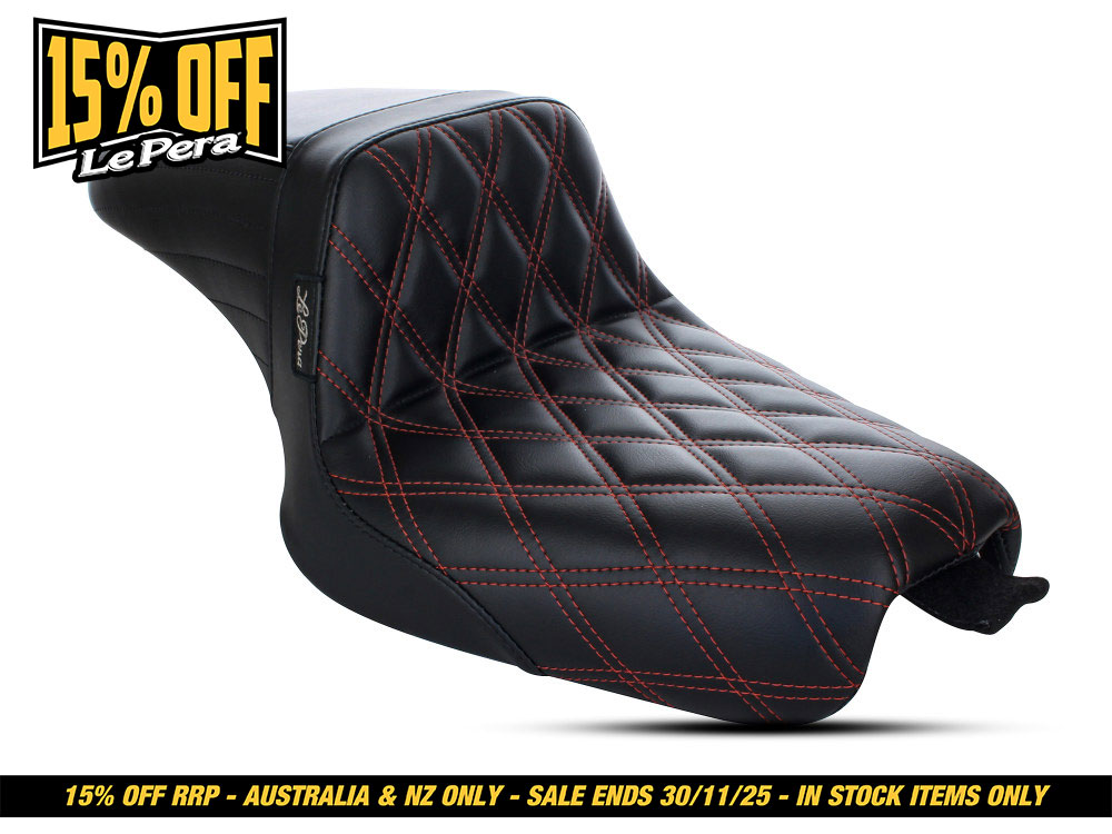 LEPERA SEATS Kickflip Dual Seat with Red Double Diamond Stitch. Fits Sportster 2004-2006 & Sportster 2010-2021 Models with either 3.3 or 4.5 Gallon Tank.
