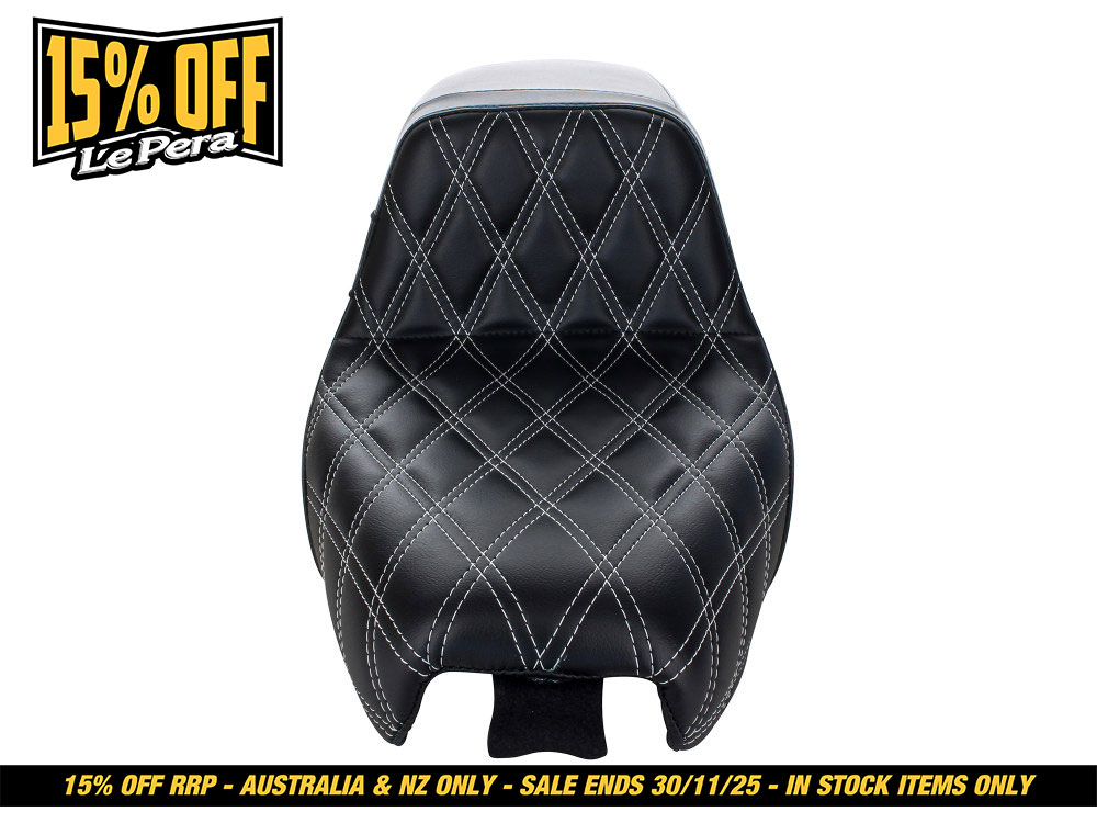 LEPERA SEATS Kickflip Dual Seat with White Double Diamond Stitch. Fits Sportster 2004-2006 & Sportster 2010-2021 Models with either 3.3 or 4.5 Gallon Tank.