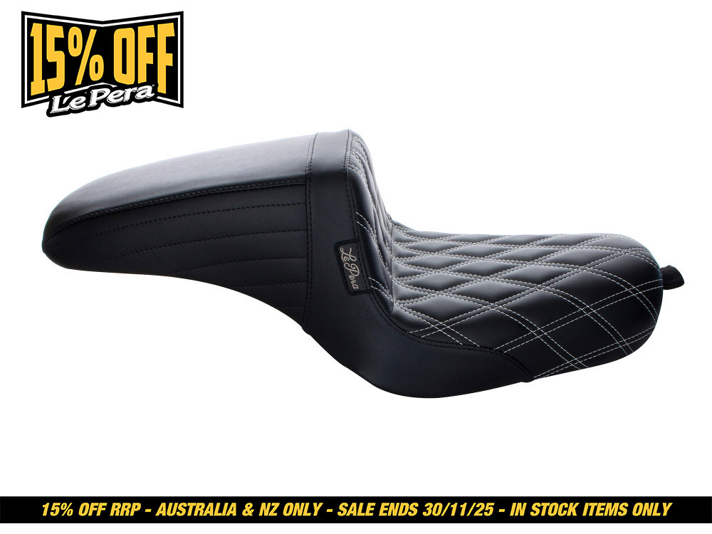 LEPERA SEATS Kickflip Dual Seat with White Double Diamond Stitch. Fits Sportster 2004-2006 & Sportster 2010-2021 Models with either 3.3 or 4.5 Gallon Tank.