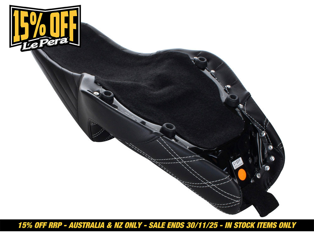 LEPERA SEATS Kickflip Dual Seat with White Double Diamond Stitch. Fits Sportster 2004-2006 & Sportster 2010-2021 Models with either 3.3 or 4.5 Gallon Tank.