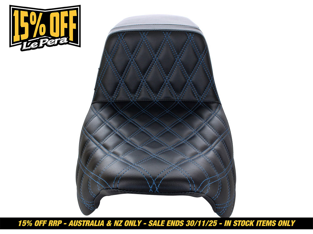 LEPERA SEATS Kickflip Dual Seat with Blue Double Diamond Stitch. Fits Most Touring 2008-2024