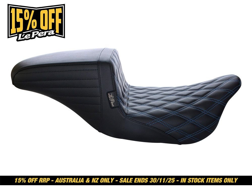 LEPERA SEATS Kickflip Dual Seat with Blue Double Diamond Stitch. Fits Most Touring 2008-2024