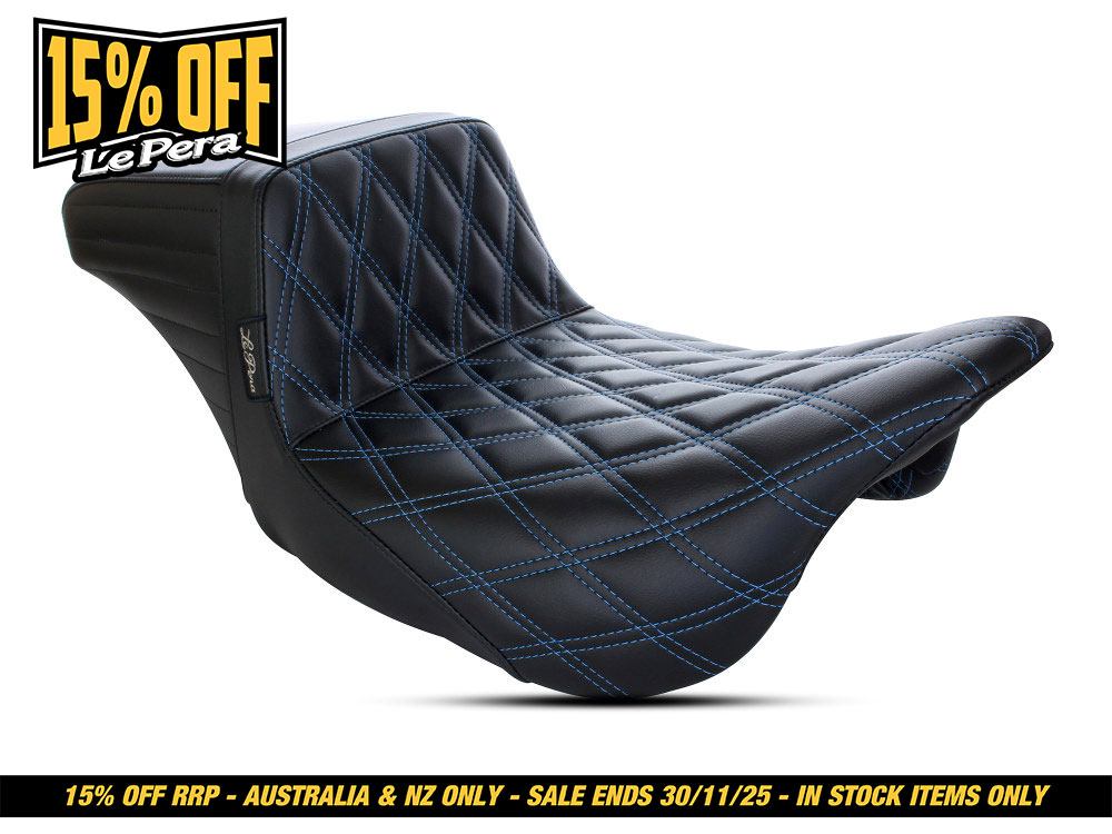 LEPERA SEATS Kickflip Dual Seat with Blue Double Diamond Stitch. Fits Most Touring 2008-2024