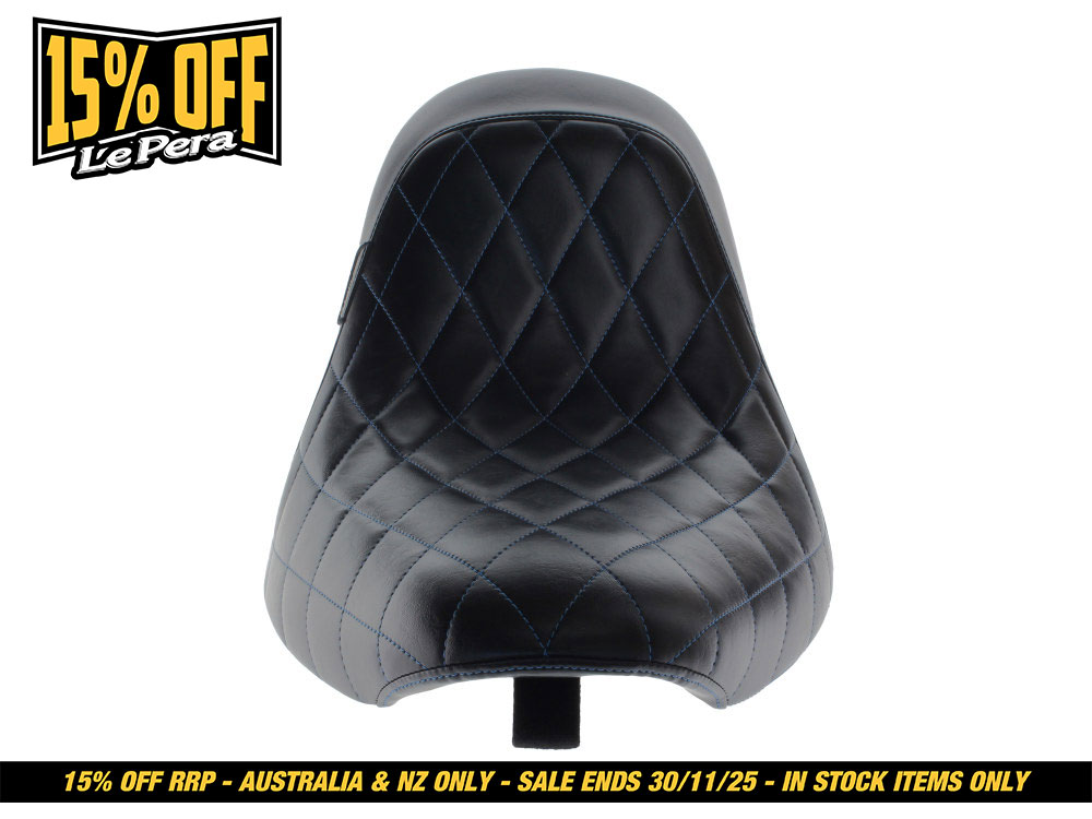 LEPERA SEATS Bare Bones Solo Seat with Blue Diamond Stitch. Fits Softail 2006-2017 with 200 OEM Rear Tyre.
