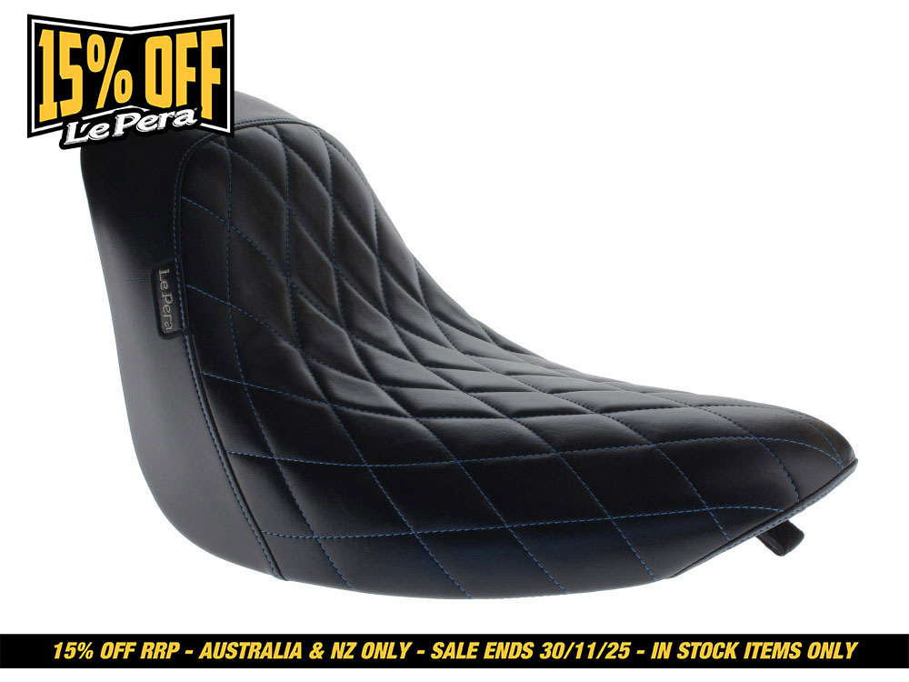 LEPERA SEATS Bare Bones Solo Seat with Blue Diamond Stitch. Fits Softail 2006-2017 with 200 OEM Rear Tyre.