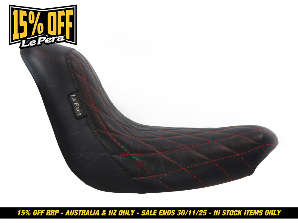 LEPERA SEATS Bare Bones Solo Seat with Red Diamond Stitch. Fits Softail 2006-2017 with 200 OEM Rear Tyre.