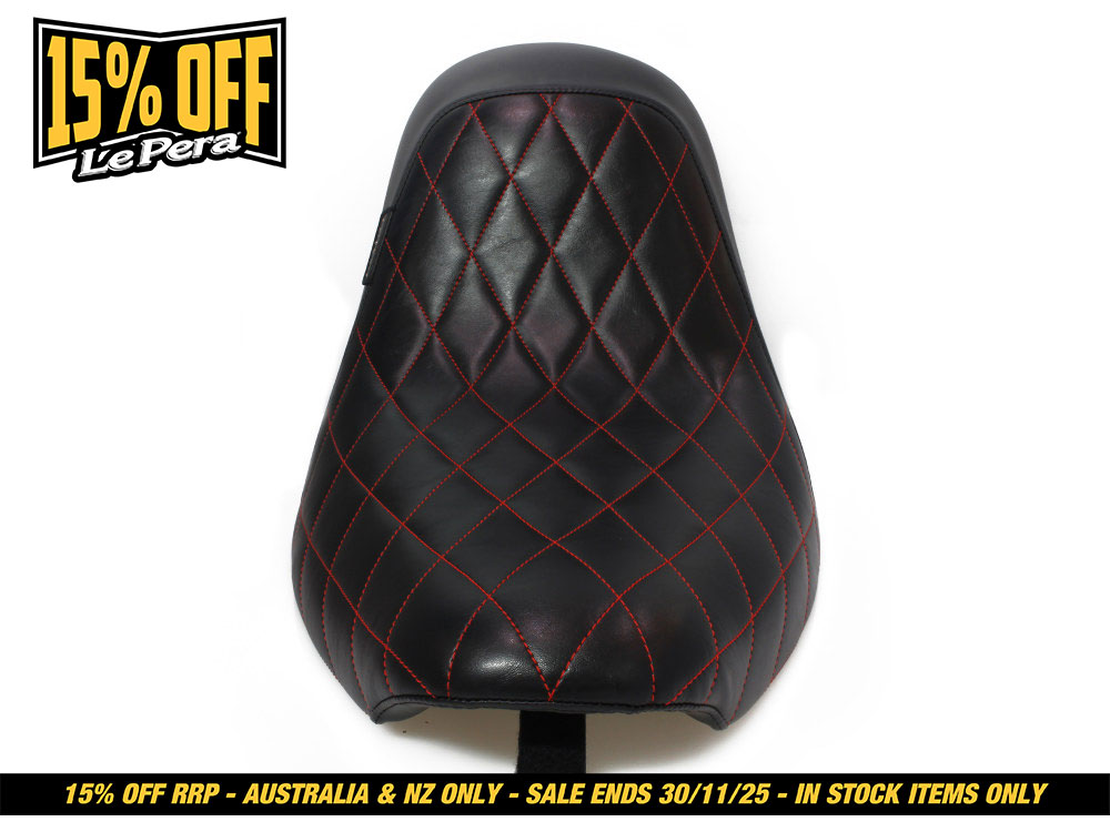 LEPERA SEATS Bare Bones Solo Seat with Red Diamond Stitch. Fits Softail 2006-2017 with 200 OEM Rear Tyre.