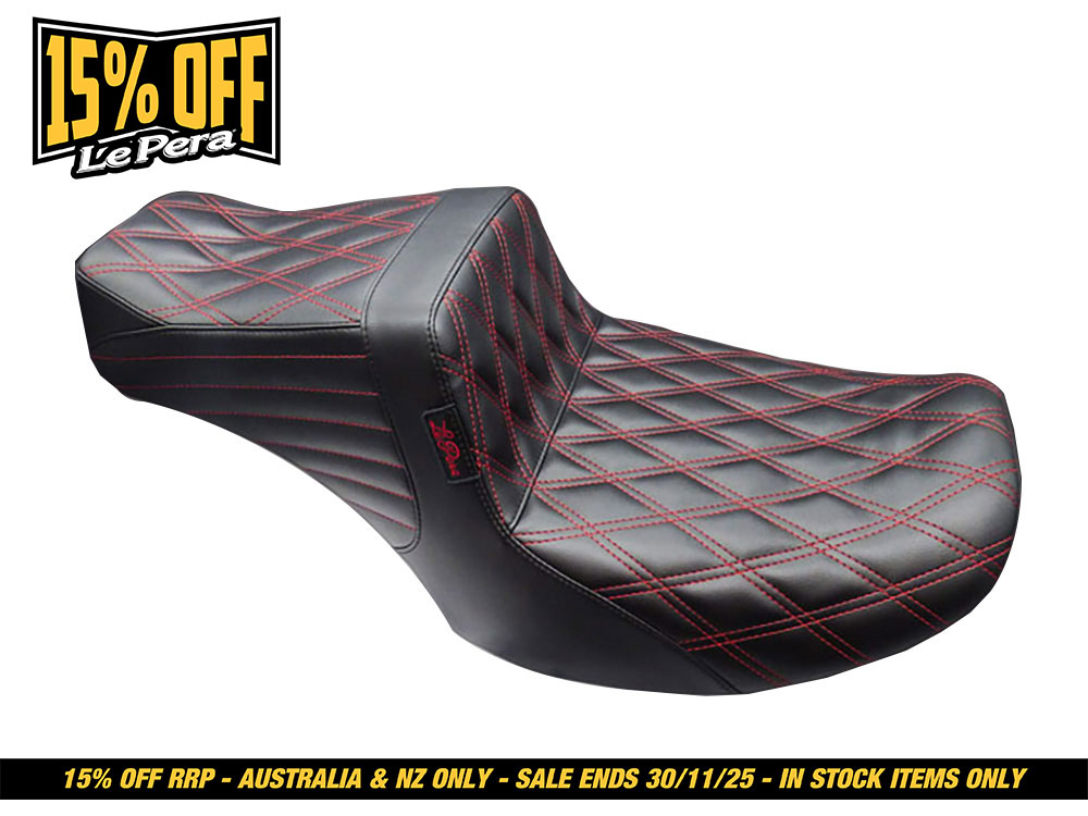 LEPERA SEATS TailWhip Dual Seat with Red Double Diamond Stitch. Fits CVO Touring 2023up, Street Glide & Road Glide 2024up, Touring 2025up