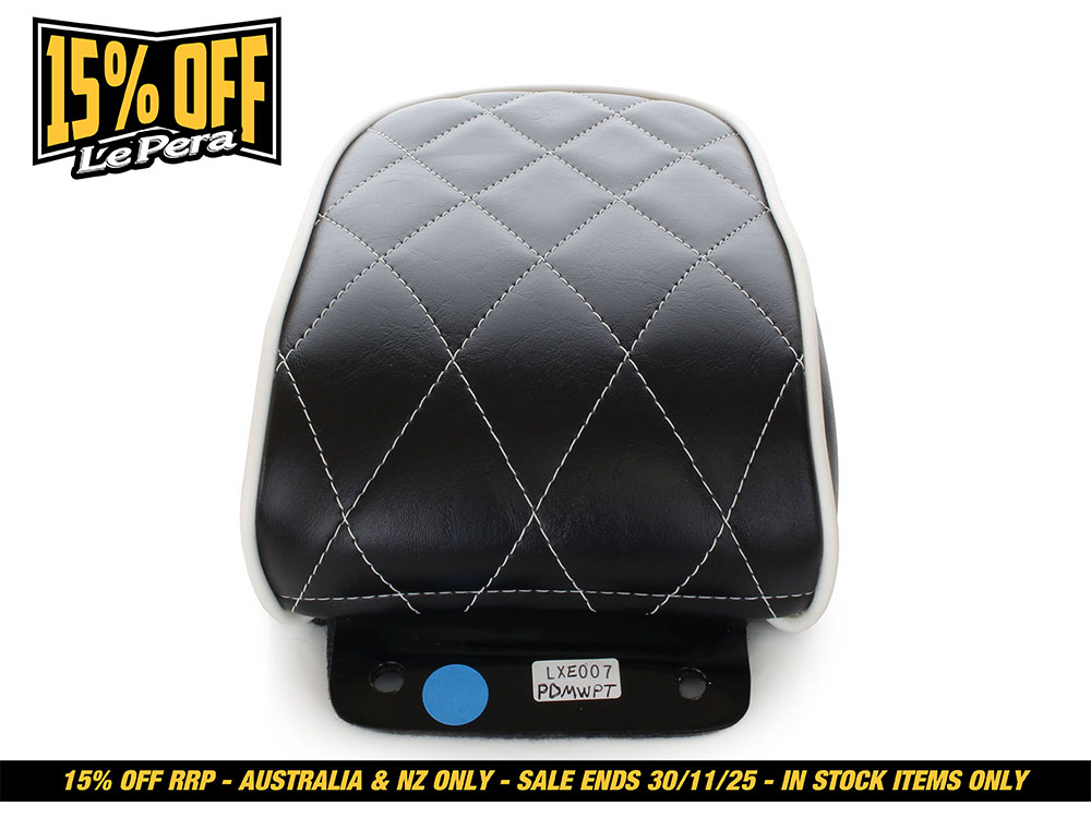 LEPERA SEATS Bare Bones Pillion Pad with White Stitching & White Piping. Fits Softail 2008-2017 with 150 OEM Rear Tyre.
