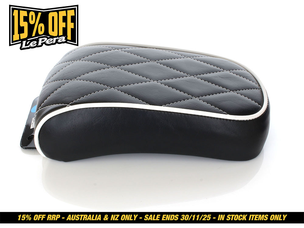LEPERA SEATS Bare Bones Pillion Pad with White Stitching & White Piping. Fits Softail 2008-2017 with 150 OEM Rear Tyre.