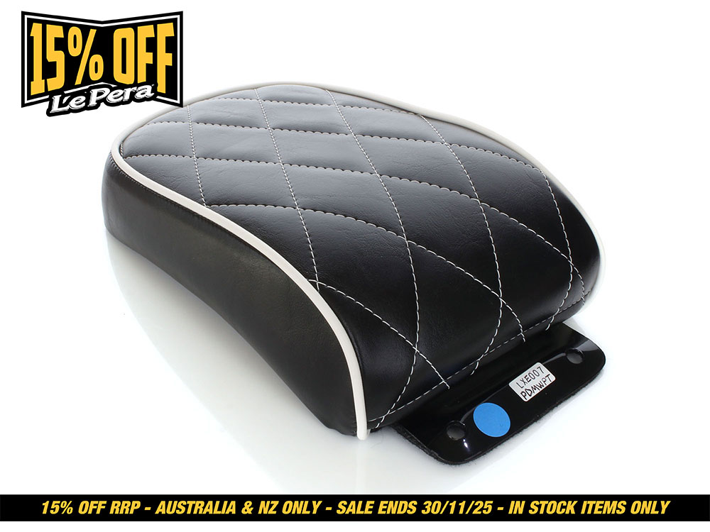 LEPERA SEATS Bare Bones Pillion Pad with White Stitching & White Piping. Fits Softail 2008-2017 with 150 OEM Rear Tyre.