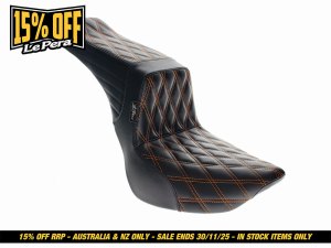 LEPERA SEATS TailWhip Dual Seat with Orange Diamond Stitch. Fits Softail Slim & Street Bob 2018up & Standard 2020up. LEPERA SEATS TailWhip Dual Seat with Orange Diamond Stitch. Fits Softail Slim & Street Bob 2018up & Standard 2020up.