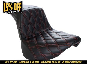 LEPERA SEATS Kickflip Dual Seat with Red Double Diamond Stitch. Fits Softail Slim & Street Bob 2018up & Standard 2020up. LEPERA SEATS Kickflip Dual Seat with Red Double Diamond Stitch. Fits Softail Slim & Street Bob 2018up & Standard 2020up.