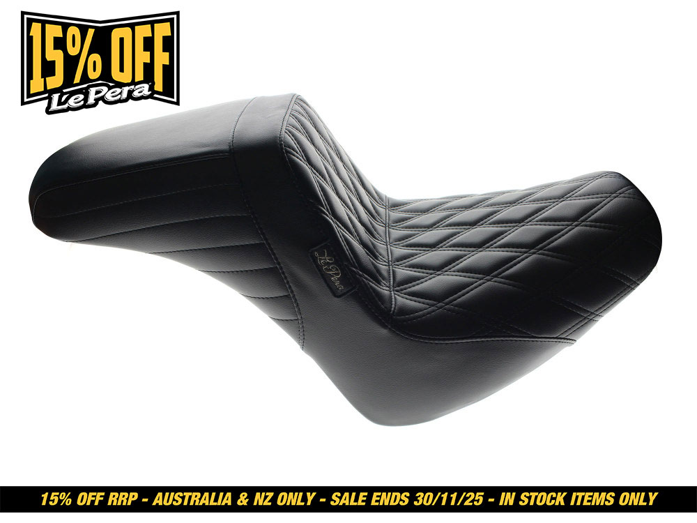 LEPERA SEATS KickFlip Dual Seat with Black Diamond Stitch. Fits Fat Bob 2018-2024