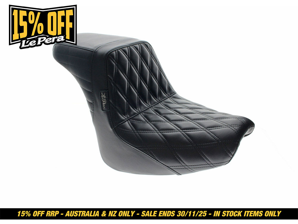 LEPERA SEATS KickFlip Dual Seat with Black Diamond Stitch. Fits Fat Bob 2018-2024