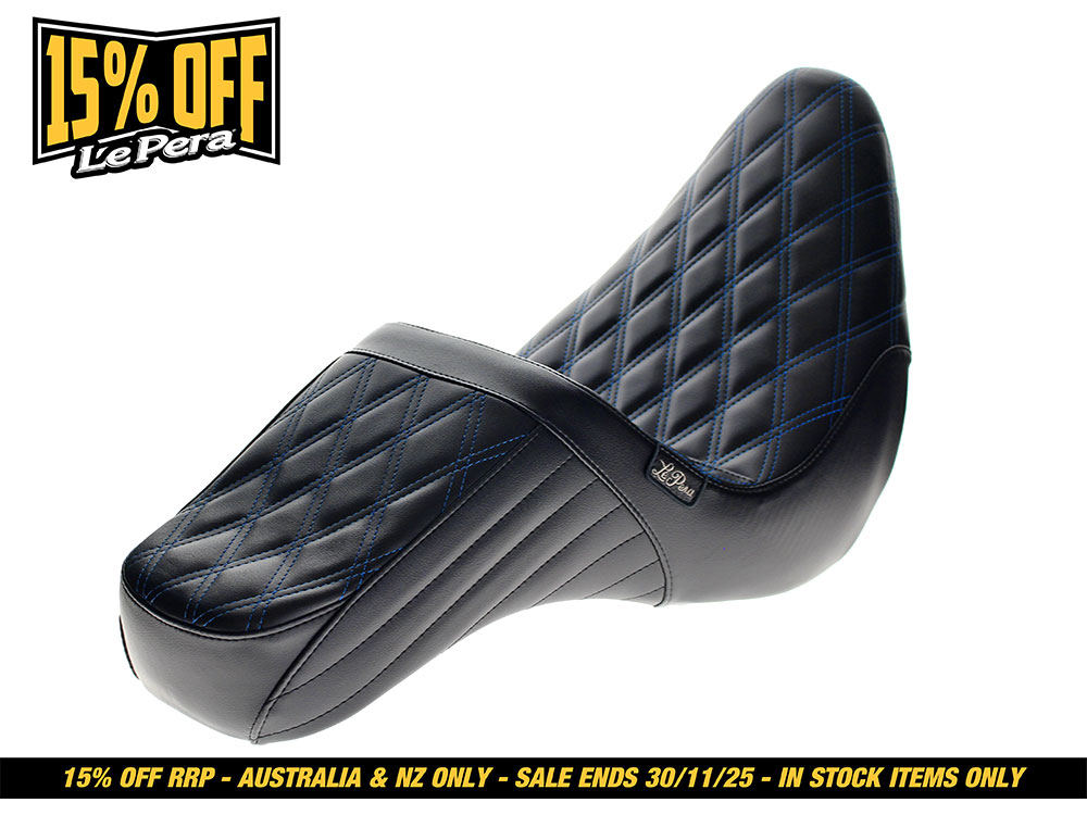LEPERA SEATS TailWhip Dual Seat with Blue Diamond Stitch. Fits Sport Glide & Low Rider 2018up & Low Rider S 2020up.