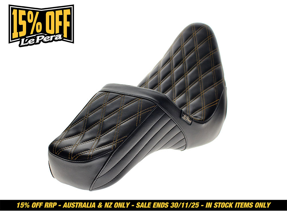 LEPERA SEATS TailWhip Dual Seat with Gold Diamond Stitch. Fits Sport Glide & Low Rider 2018up & Low Rider S 2020up.