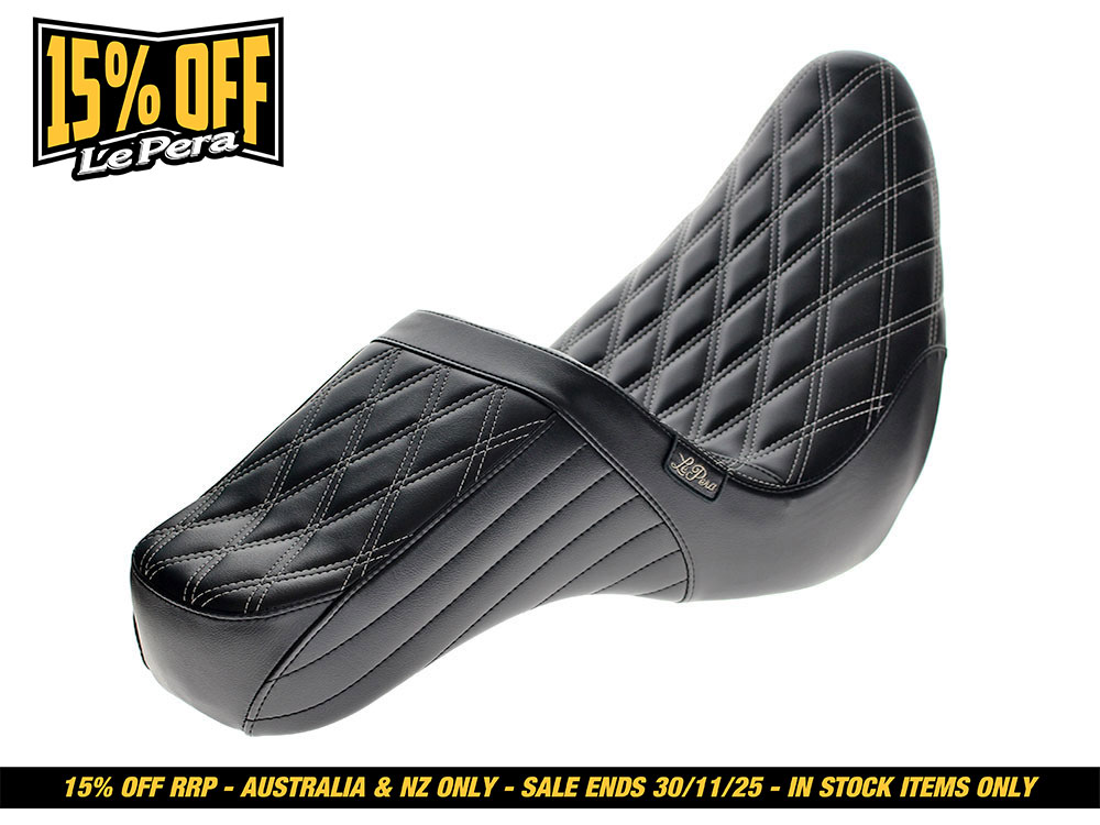 LEPERA SEATS TailWhip Dual Seat with White Diamond Stitch. Fits Sport Glide & Low Rider 2018up & Low Rider S 2020up.
