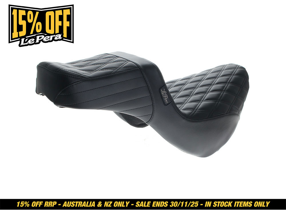 LEPERA SEATS TailWhip Daddy Long Legs Dual Seat with Black Double Diamond Stitch. Fits Sport Glide & Low Rider 2018up & Low Rider S 2020up.