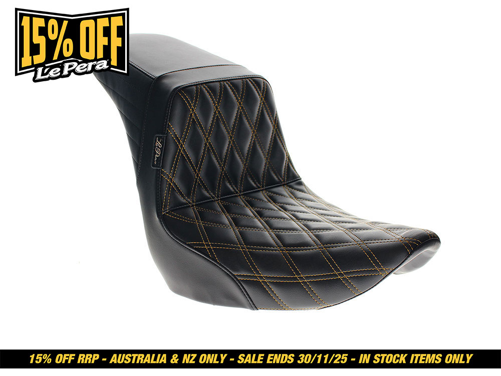 LEPERA SEATS KickFlip Dual Seat with Gold Double Diamond Stitch. Fits Sport Glide & Low Rider 2018up & Low Rider S 2020up.