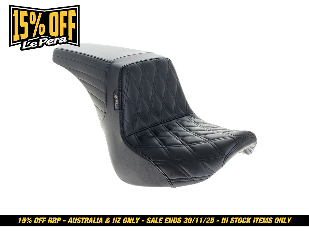 LEPERA SEATS Kickflip Up Front Reduced Reach Dual Seat with Black Double Diamond Stitch. Fits Softail Slim & Street Bob 2018up & Standard 2020up.