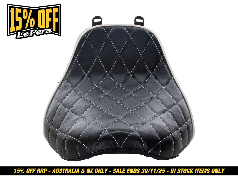 LEPERA SEATS Bare Bones Solo Seat with White Diamond Stitch & Piping. Fits Softail Deluxe & Heritage Softail Classic 2018up.