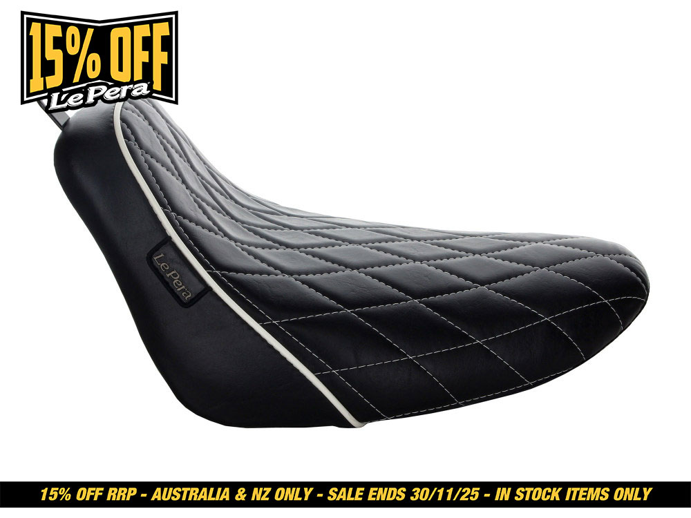 LEPERA SEATS Bare Bones Solo Seat with White Diamond Stitch & Piping. Fits Softail Deluxe & Heritage Softail Classic 2018up.
