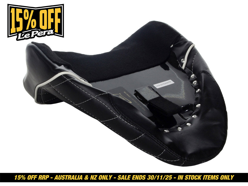 LEPERA SEATS Bare Bones Solo Seat with White Diamond Stitch & Piping. Fits Softail Deluxe & Heritage Softail Classic 2018up.