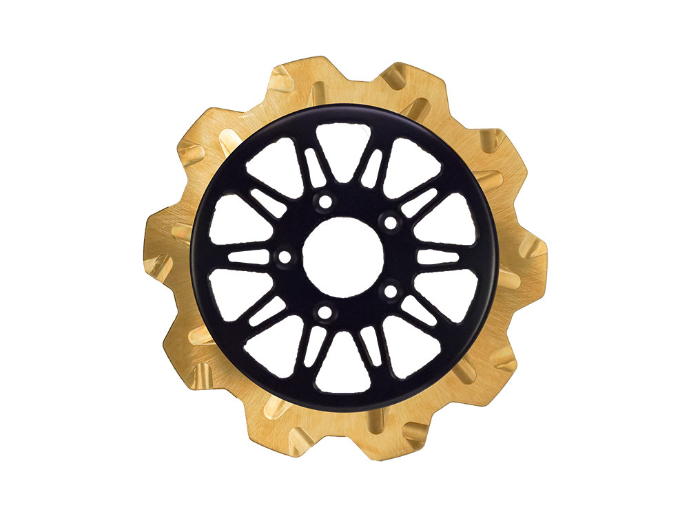 Lyndall Brakes 11.8in. Front Omega Crown Disc Rotor – Gold Band & Black Carrier. Fits Dyna 2006-2017, Softail 2015up, Sportster 2014-2021 & Some Touring 2008up.