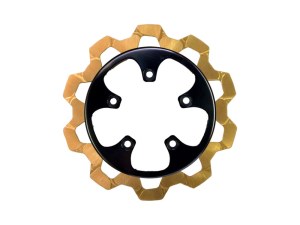 Lyndall Brakes 11.8in. Rear Bow-Tie Disc Rotor – Gold Band & Black Carrier. Fits V-Rod 2006-2017. Lyndall Brakes 11.8in. Rear Bow-Tie Disc Rotor – Gold Band & Black Carrier. Fits V-Rod 2006-2017.
