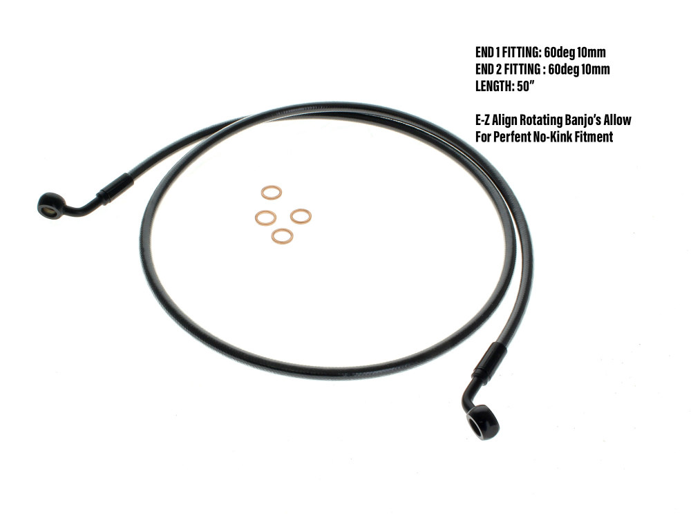 Magnum Shielding 50in. E-Z Align Front Brake Line with 10mm x 60 Degree Banjo – Black Pearl. Fits Sportster 2004-2013.