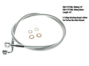 Magnum Shielding 45in. E-Z Align Front Brake Line with 7/16in. x 180 Degree Banjo – Sterling Chromite. Magnum Shielding 45in. E-Z Align Front Brake Line with 7/16in. x 180 Degree Banjo – Sterling Chromite.