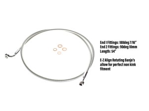 Magnum Shielding 54in. E-Z Align Front Brake Line with 7/16in. x 180 Degree Banjo – Sterling Chromite. Magnum Shielding 54in. E-Z Align Front Brake Line with 7/16in. x 180 Degree Banjo – Sterling Chromite.