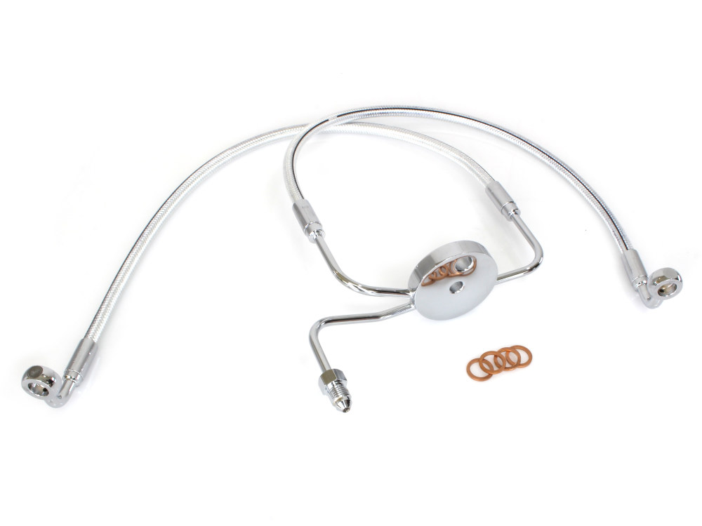 Magnum Shielding Lower Front Brake Line with T-Piece – Sterling Chromite. Fits Sportster & Dyna Models with Dual Front Calipers.