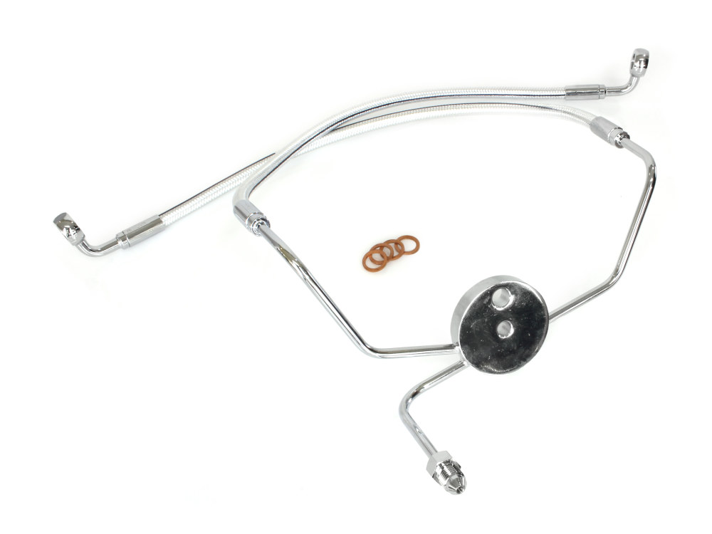 Magnum Shielding Lower Front Brake Line with T-Piece – Sterling Chromite. Fits Touring 1984-2007 with Dual Front Calipers.