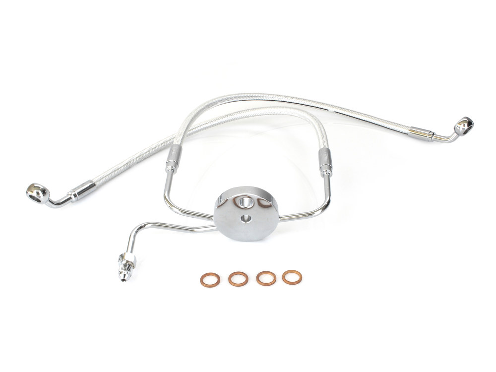 Magnum Shielding Lower Front Brake Line with T-Piece – Sterling Chromite. Fits Sportster 2004up with Dual Front Calipers.